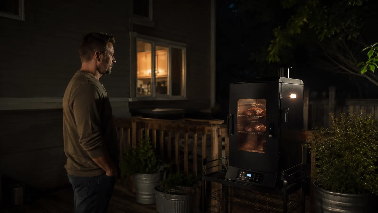 A backyard deck at night with the electric smoker running unattended near a lit kitchen window while the household sleeps