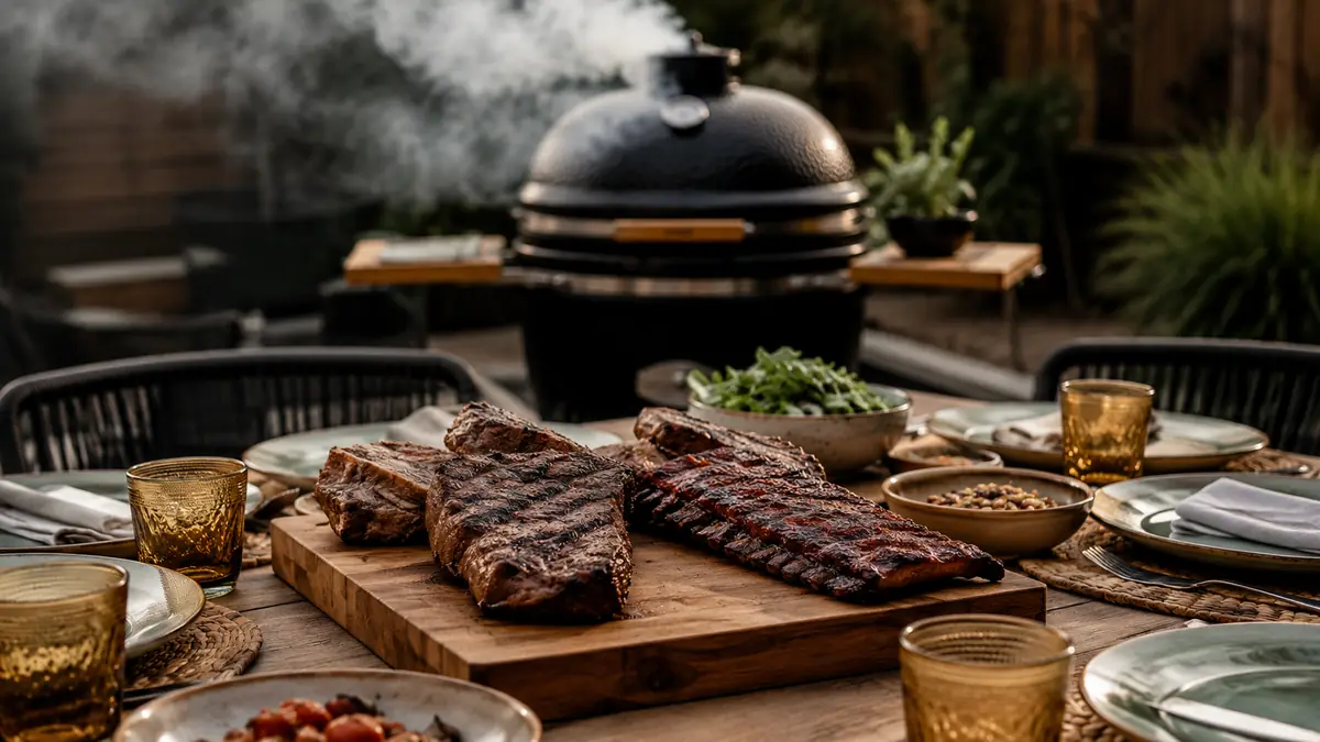Seared steaks and a full rack of ribs resting on a cutting board next to the kamado grill on a deck table