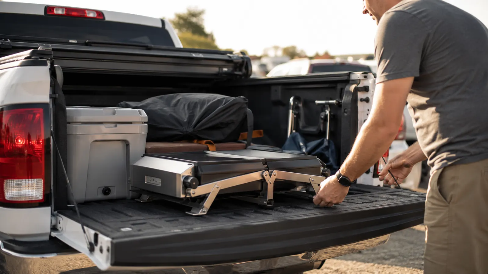 A folded, packed-up portable pizza oven sitting in the back of a truck bed with a cooler and folding chairs, ready for a tailgate
