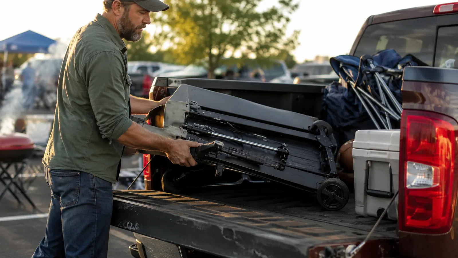 A folded portable propane grill loaded into the bed of a pickup truck alongside a cooler and folding chairs