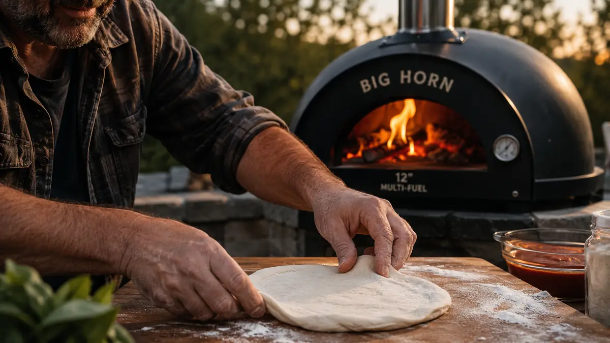 Hands stretching pizza dough on a flour-dusted cutting board next to the BIG HORN oven on a deck side table