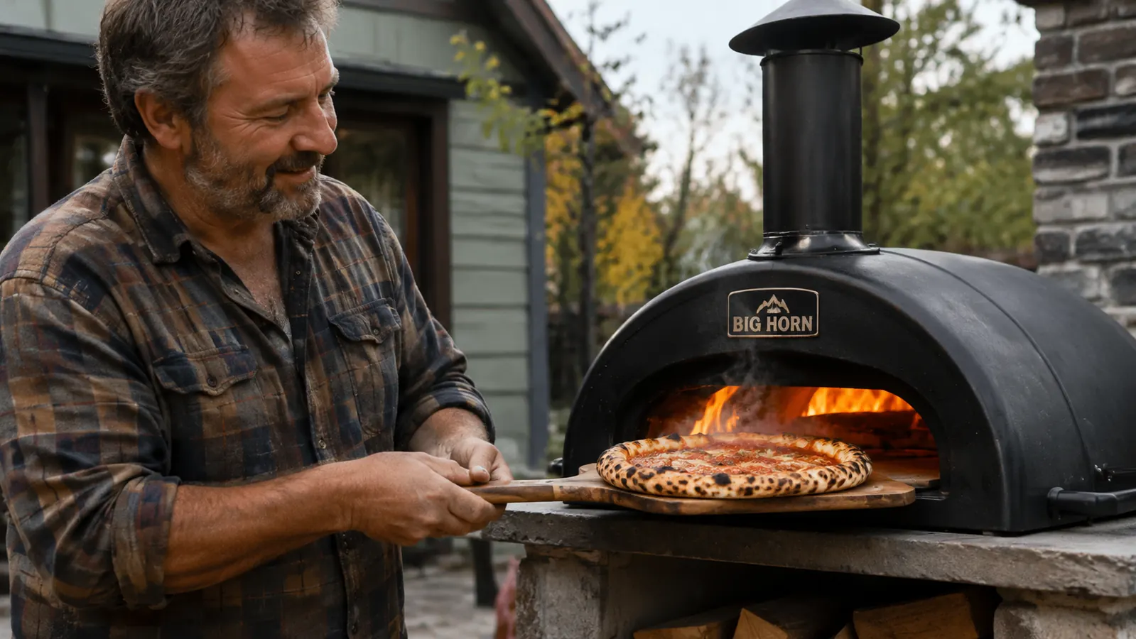 A finished pizza with charred crust edges resting on a wooden peel next to the BIG HORN oven's open door