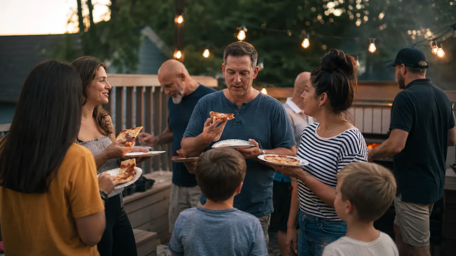 A group of neighbors eating pizza slices standing around a deck railing at dusk with string lights overhead