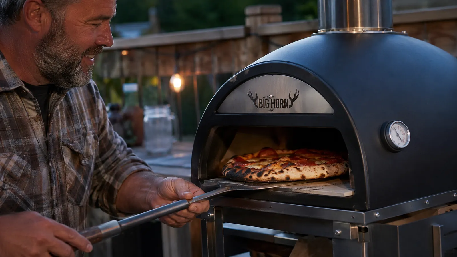 Hand rotating a pizza with a metal turning peel inside the BIG HORN oven, crust visibly darker on one side than the other