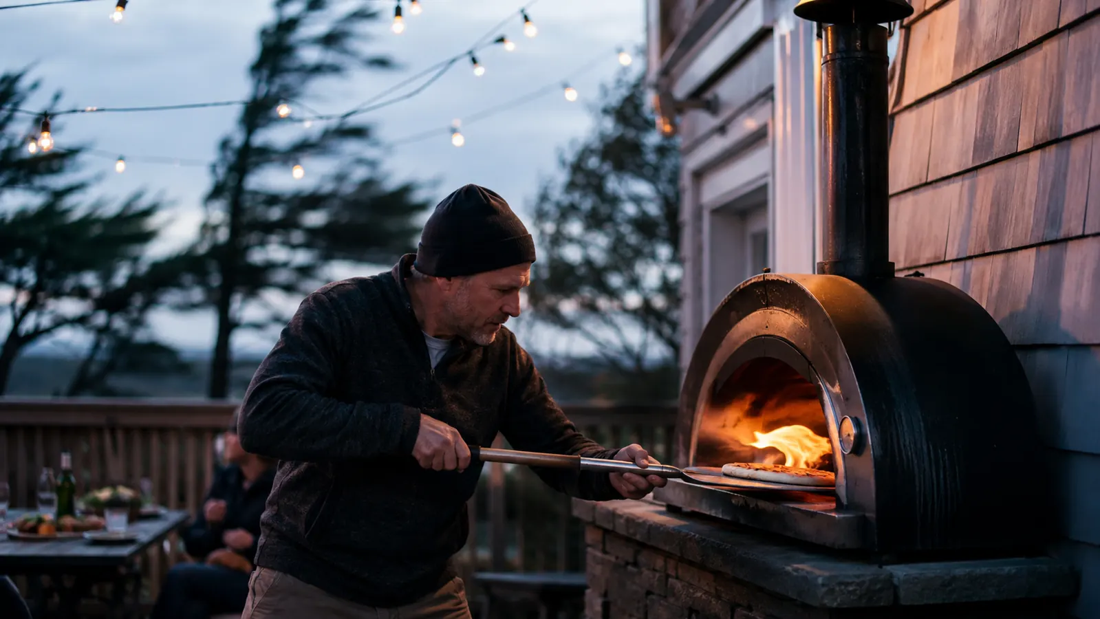 The BIG HORN pizza oven pushed against the side of a house on a windy deck evening, flame visibly leaning sideways inside the dome