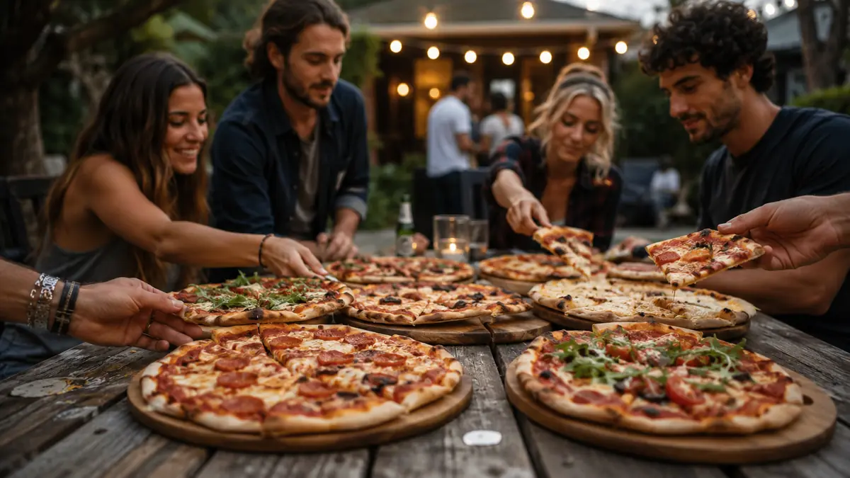 Six finished pizzas cooling on a picnic table on a back deck with people reaching for slices