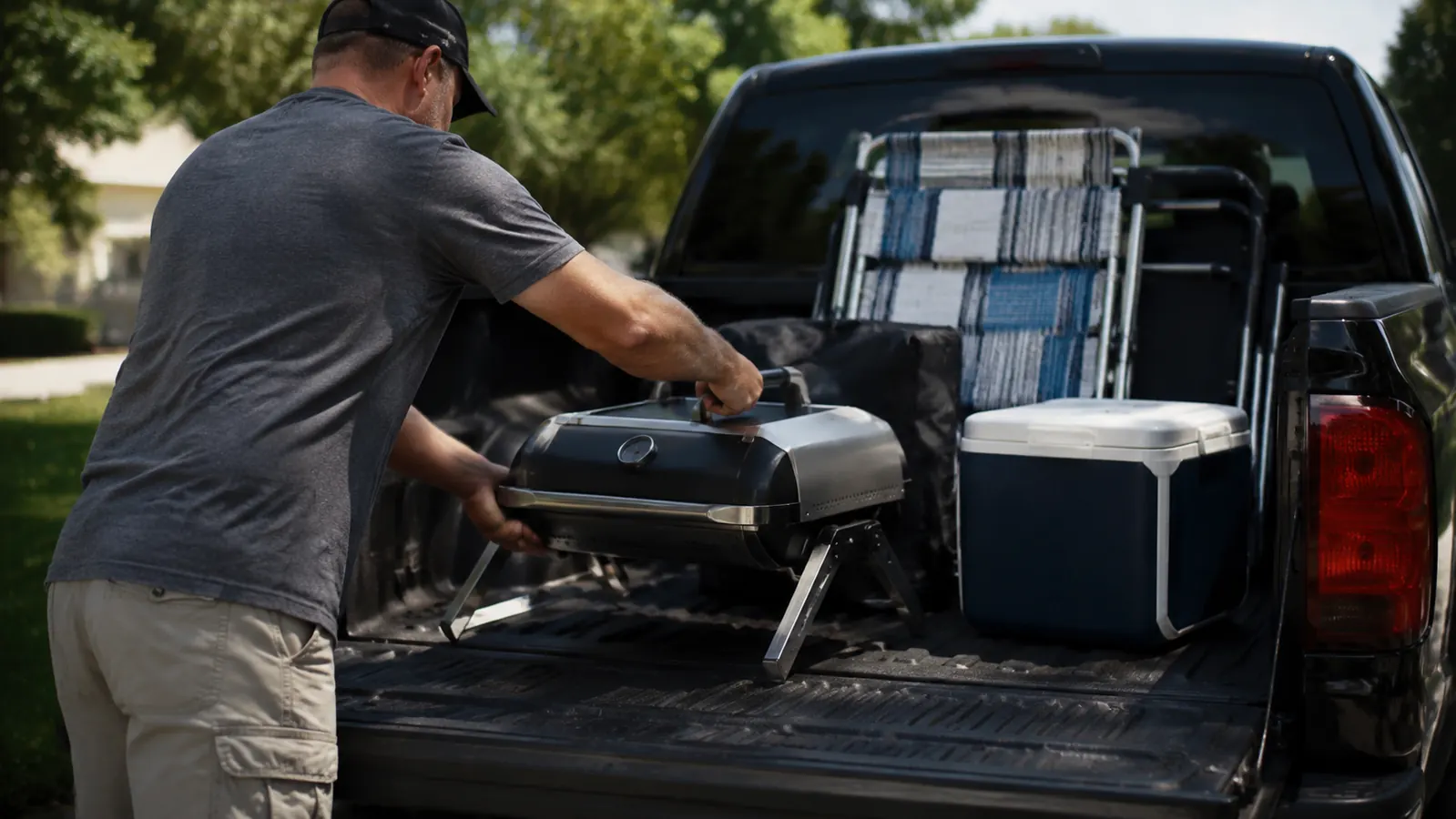 The folded BIG HORN pizza oven being loaded into the back of a truck bed next to a cooler and folding chairs
