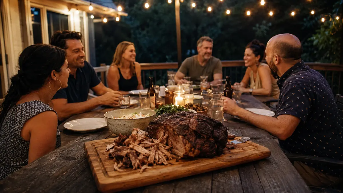 Family and friends gathered around a picnic table on a back deck while a pork shoulder rests on a cutting board