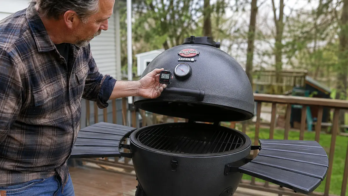 Hand holding an instant-read thermometer next to the Char-Griller AKORN's built-in lid gauge to compare readings