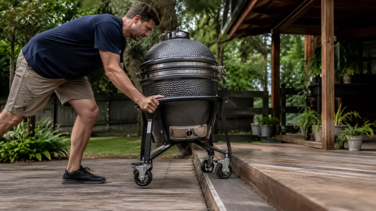 Char-Griller AKORN kamado grill parked at an angle near deck steps with a person nearby about to move it