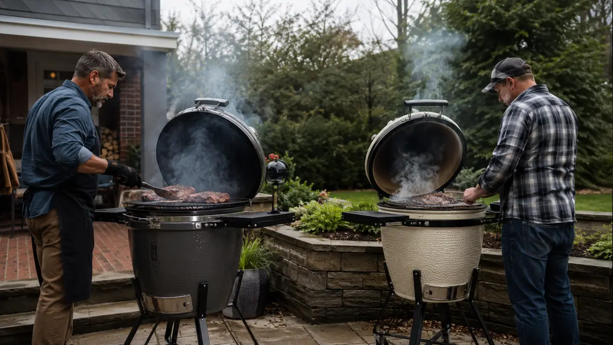 Two kamado-style grills side by side on neighboring patios with smoke rising from both