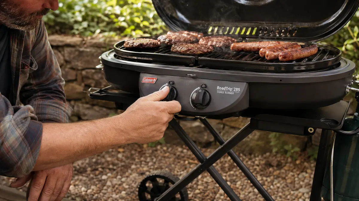 A hand turning one of the three adjustable burner knobs on the Coleman RoadTrip 285 while burgers cook on the grate