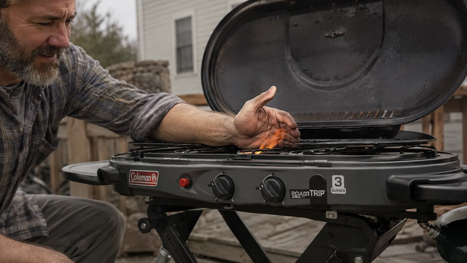 A hand cupped around the RoadTrip 285's outer burner shielding the flame from wind while the center burner stays lit