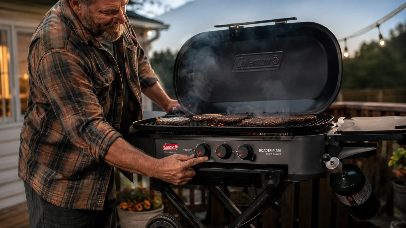 A hand pressing the InstaStart ignition button on the Coleman RoadTrip 285 while burgers sear on the grates