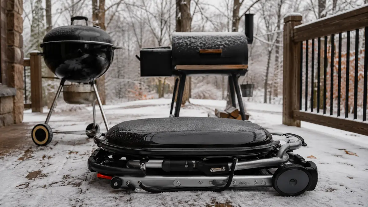 The Coleman RoadTrip 285 folded and parked next to a 22-inch charcoal kettle and small offset smoker on a snow-dusted back deck