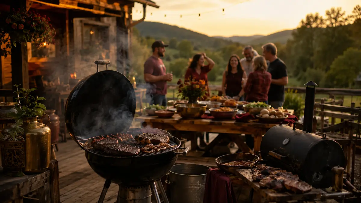A backyard deck at dusk with a charcoal kettle and a kamado grill, smoke rising, a platter of ribs resting on a side table
