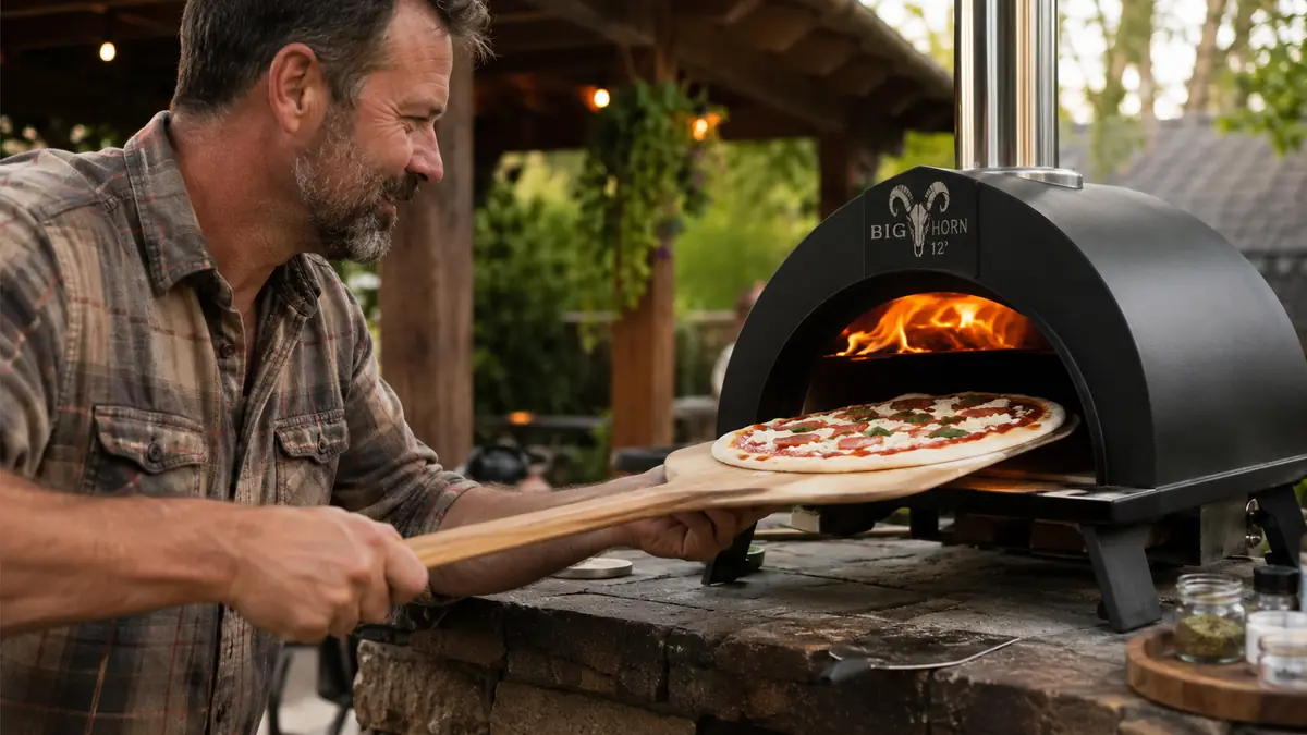 A wooden pizza peel launching a topped pizza into the open mouth of a BIG HORN pizza oven with visible flame