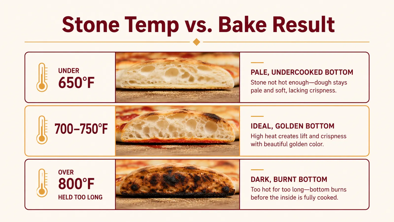 Chart showing stone temperature zones inside a pizza oven and how they relate to bottom versus top browning