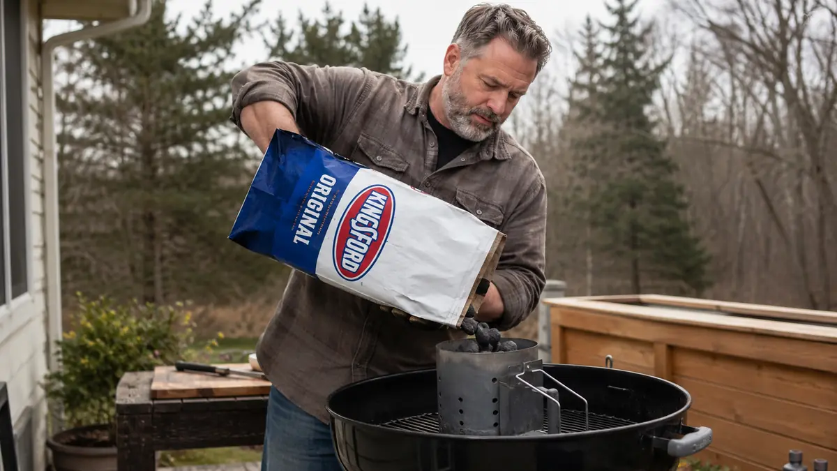 A hand in a heat-resistant glove pouring Kingsford charcoal briquettes into a chimney starter