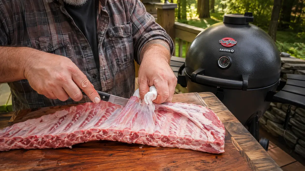 Hand peeling the thin membrane off the back of a rack of ribs on a cutting board