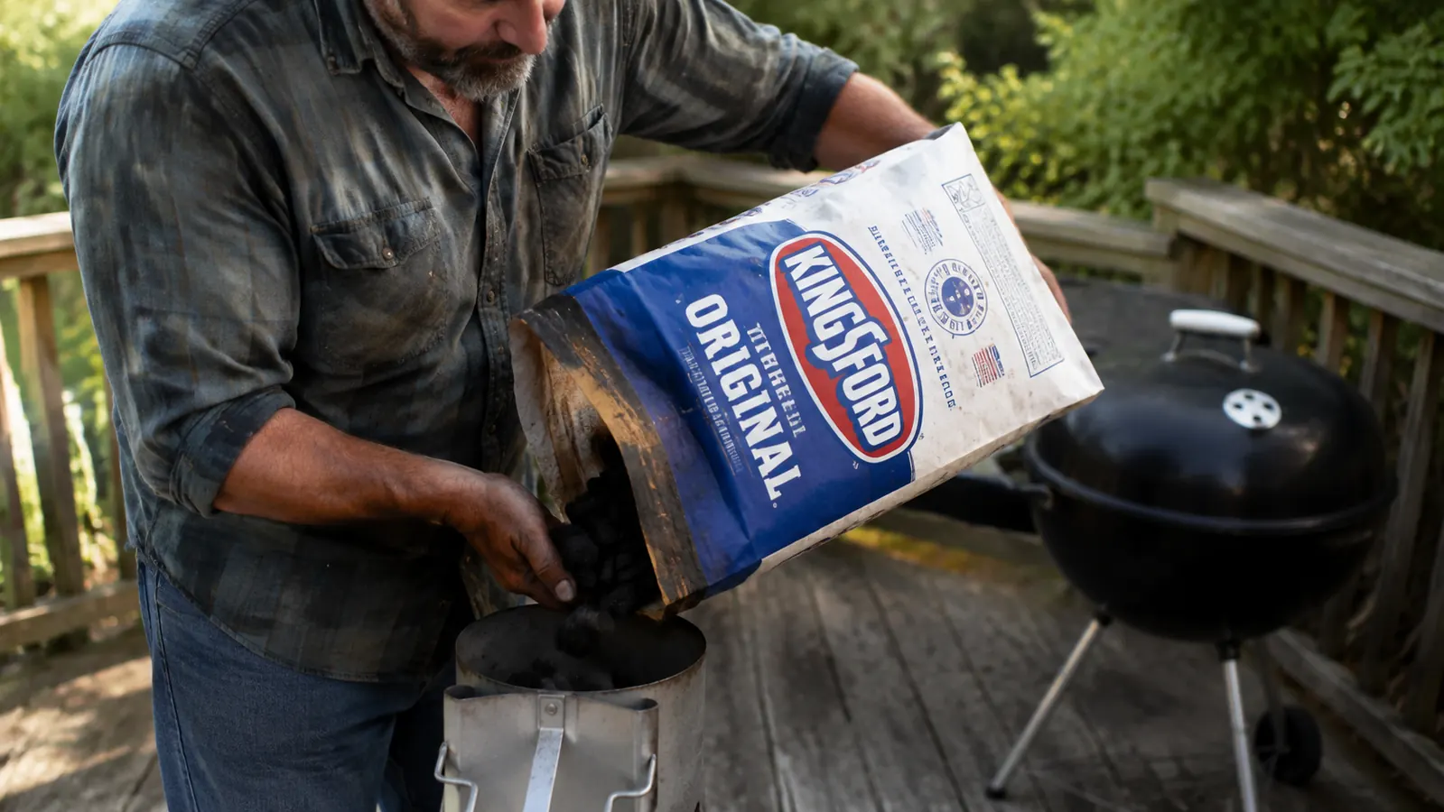 Hand pouring Kingsford charcoal briquettes into a metal chimney starter on a deck railing