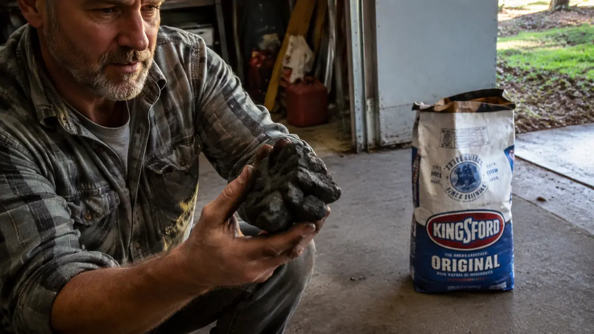 A hand holding up a fused clump of charcoal briquettes stuck together, pulled from an opened bag