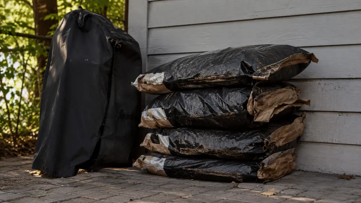 A row of five empty charcoal bags lined up against a garage wall, flattened and stacked
