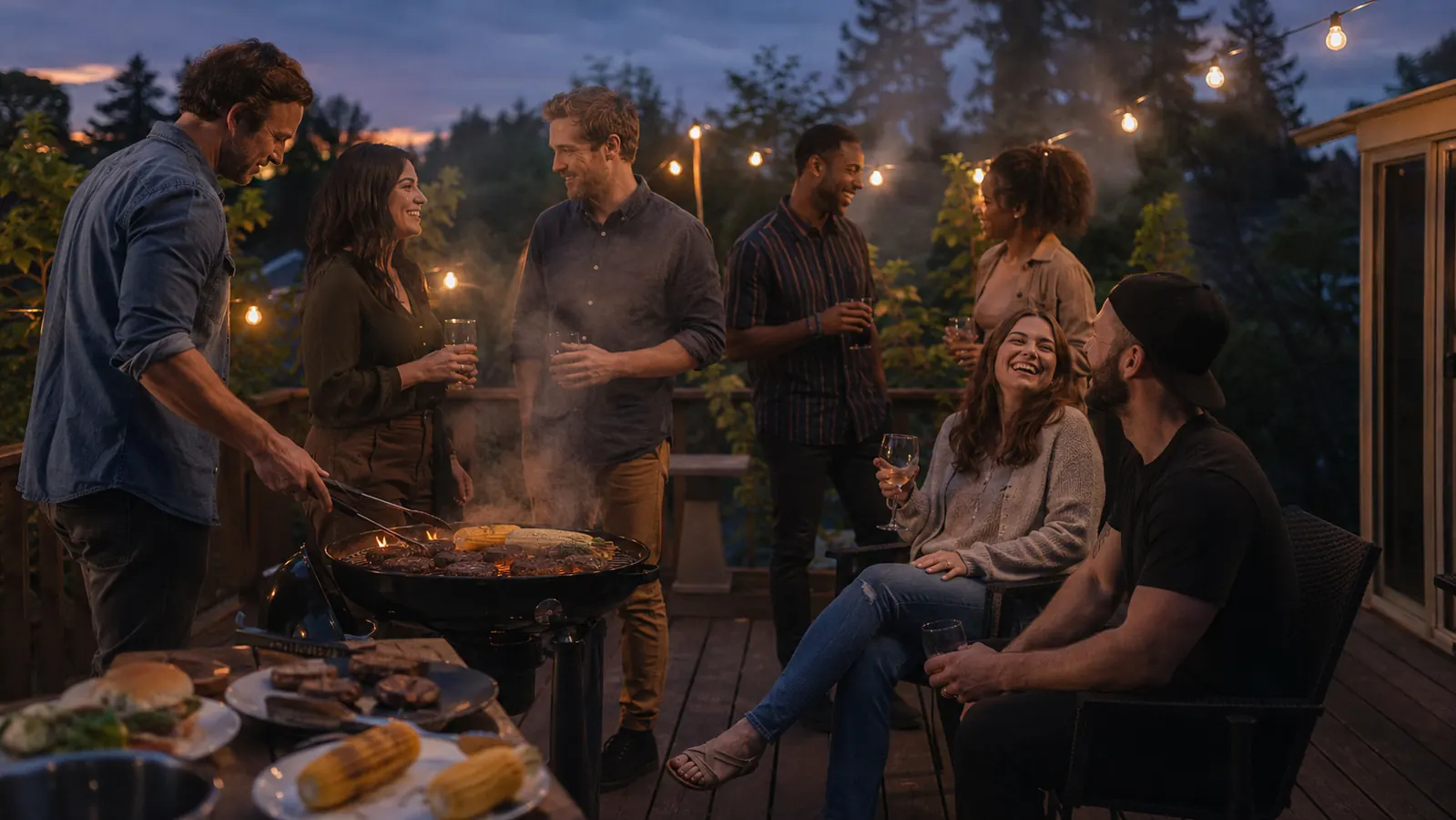 Six people gathered around a lit charcoal kettle grill on a wooden deck at dusk, plates of grilled food on a nearby table