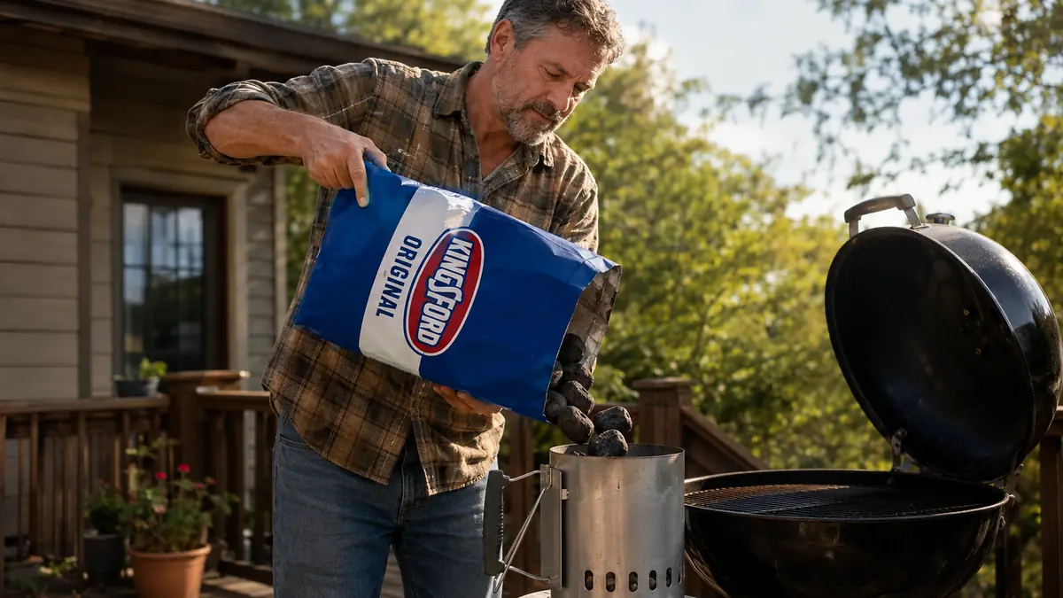 A hand pouring Kingsford briquettes from the bag into a charcoal chimney starter on a deck railing