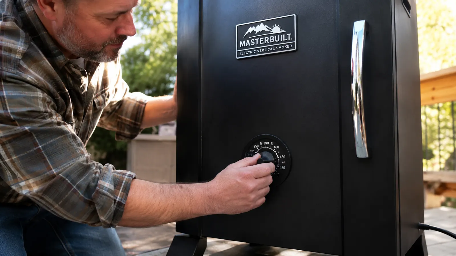 Hand adjusting the analog temperature dial on the front of the Masterbuilt electric smoker