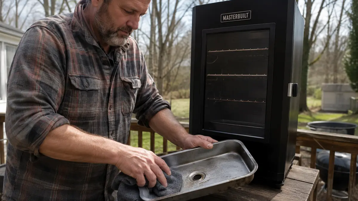 Hand wiping down the water pan removed from the Masterbuilt smoker after a cook