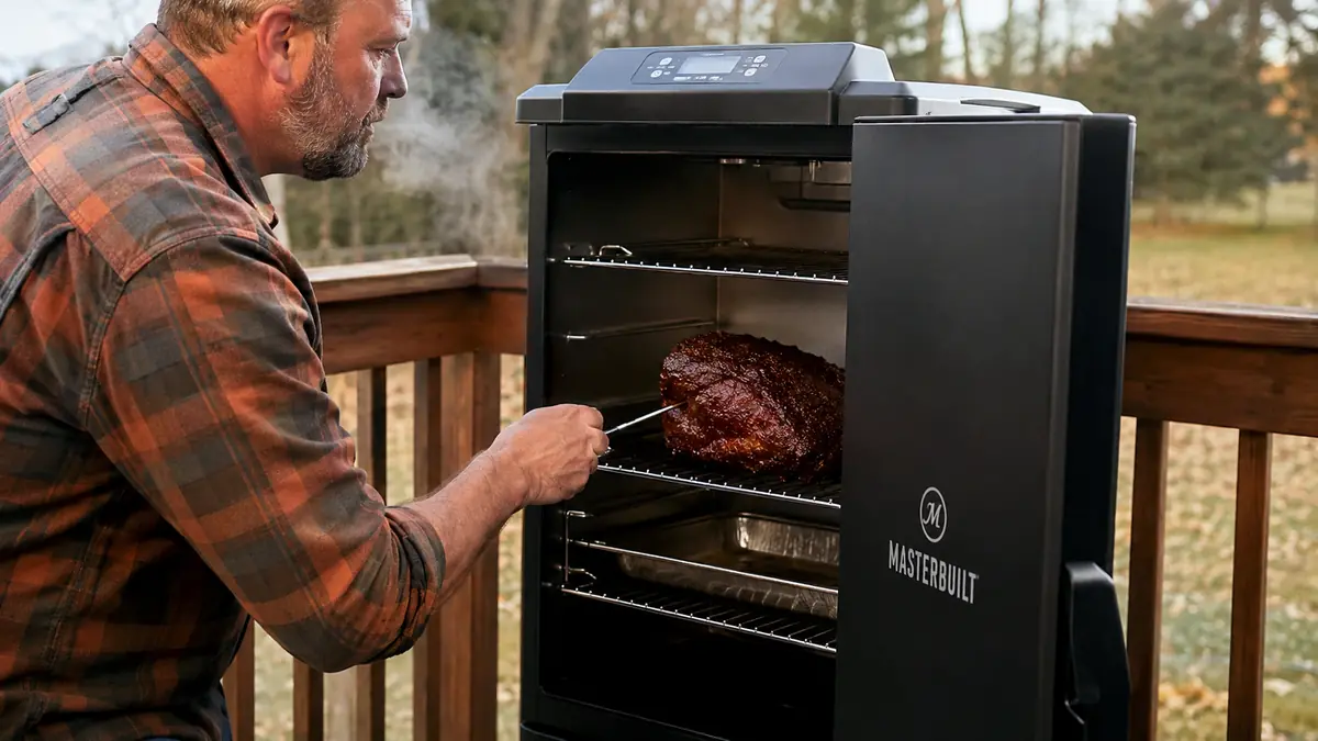 Man checking a probe thermometer reading inserted into meat inside the open Masterbuilt smoker