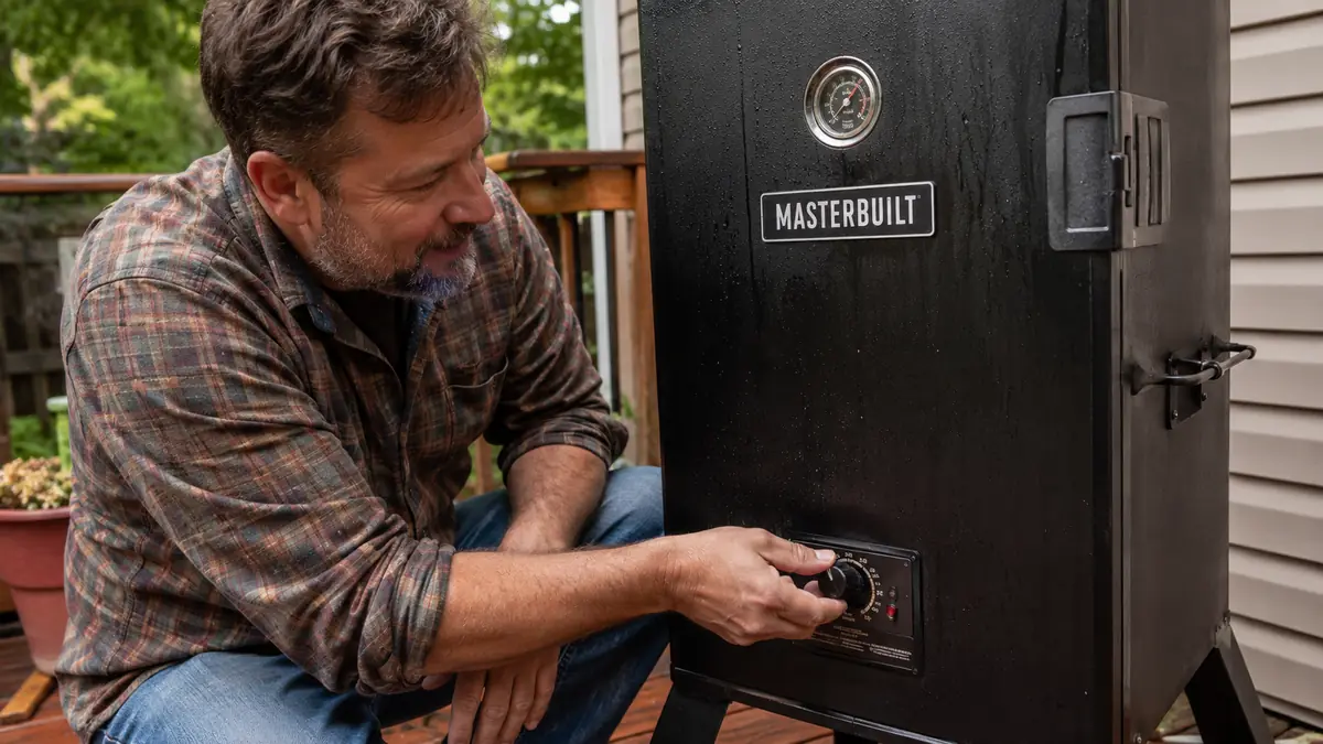 Hand adjusting the analog temperature dial on the front of the Masterbuilt electric smoker door