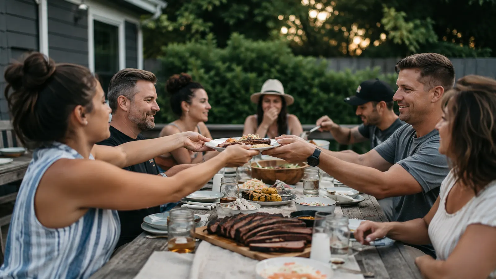 A family of six to eight gathered around a picnic table on a back deck eating smoked brisket and sides on a Sunday evening